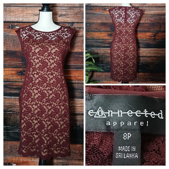 Connected Apparel Sheath Dress Size 8 Petite Wine Nude Lace Overlay Stretch Zip - Picture 1 of 10